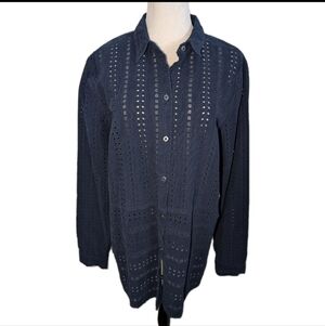 J Jill Corduroy Navy Blue Eyelet Lace Button Up Shirt Large Tall